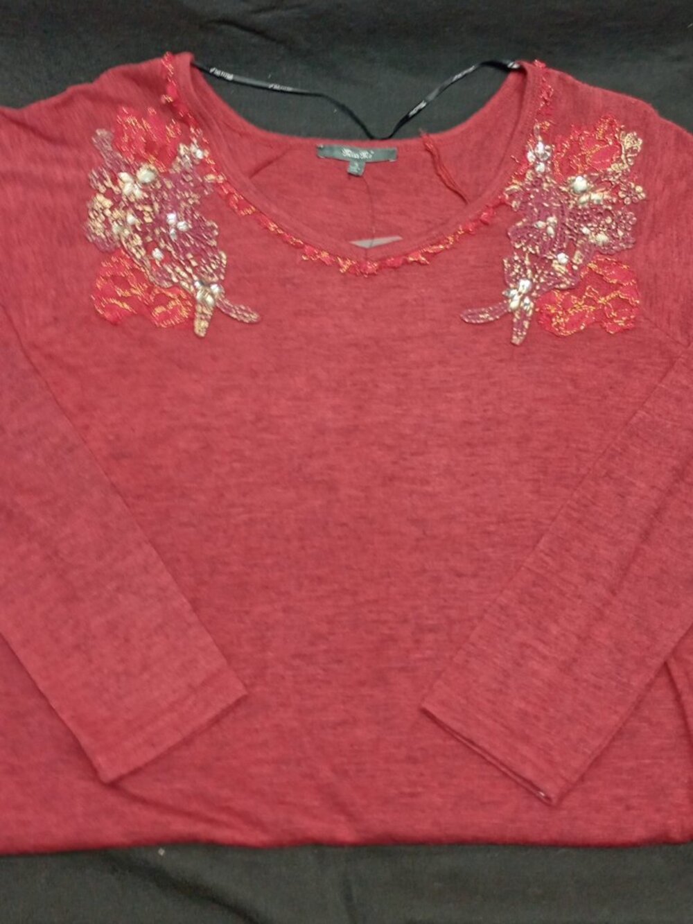 Miss Me Embellished Cranberry V Neck Y2K Bedazzled Applique Long Sleeve NWT